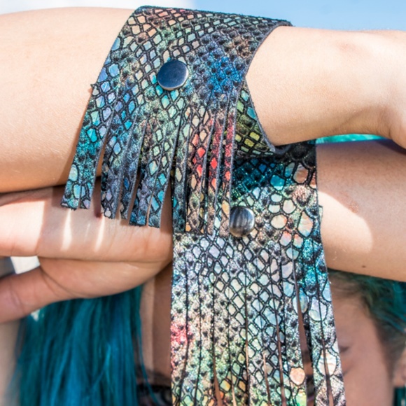 Multi Print Mermaid Leather Fringe Boho Cuff - Picture 4 of 5